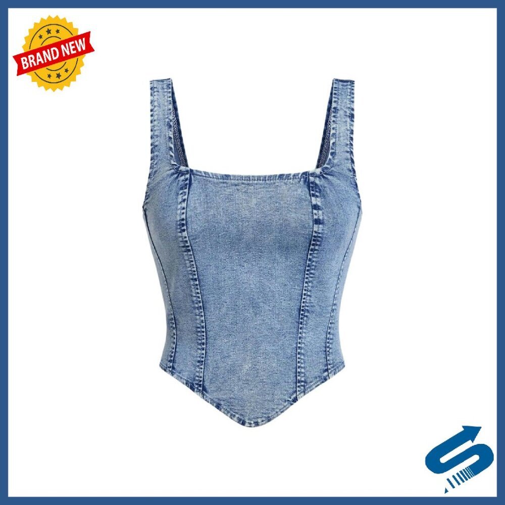 Denim Corset Tank Top Asymmetrical Hem Zip Back Crop Top